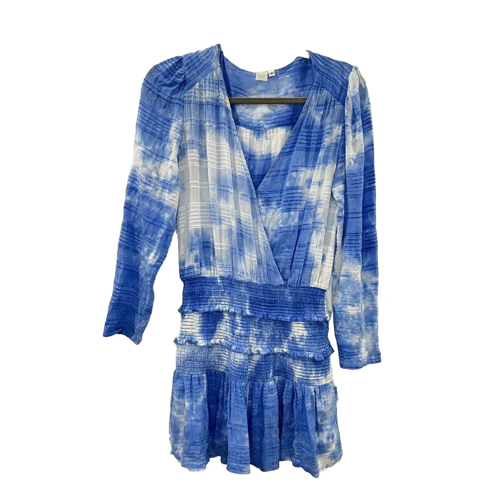 Musette Blue White Tie Dye Smocked Mini Dress Long Sleeve Wrap Neck Small